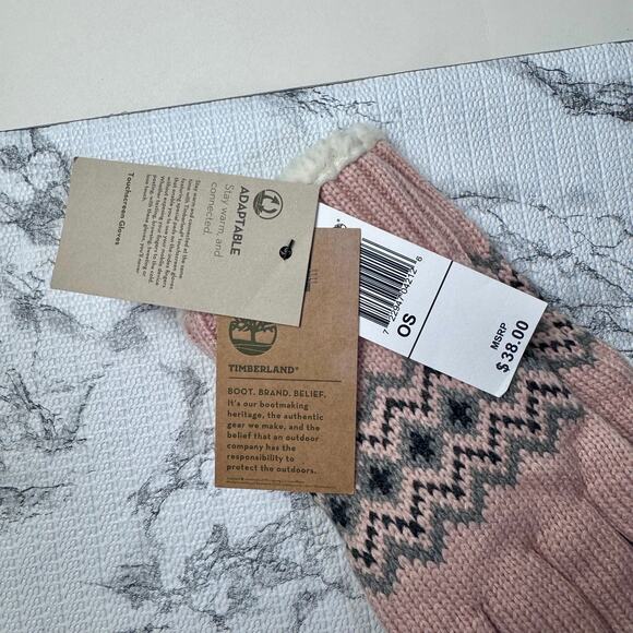 Timberland Women's Knit Fleece Lined Touchscreen Gloves Fair Isle Pink Gray - Picture 4 of 4